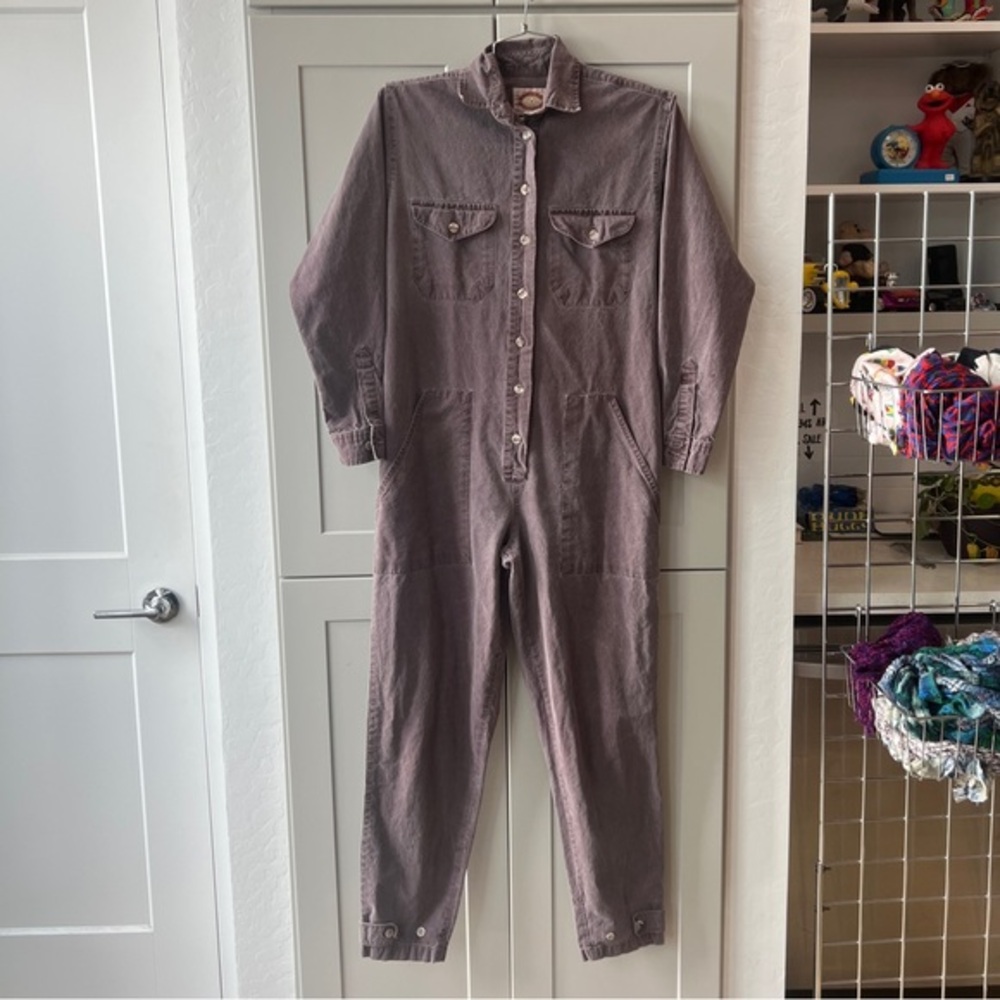 Vintage 1980s Banana Republic Button Cotton Jumpsuit Coveralls Washed Purple